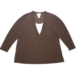 Vintage Susan‎ Graver Style Blouse Plus 2X Brown V Neck Layered Look Top USA